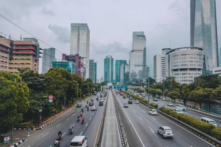 Wide angle photography of vehicles traveling on road