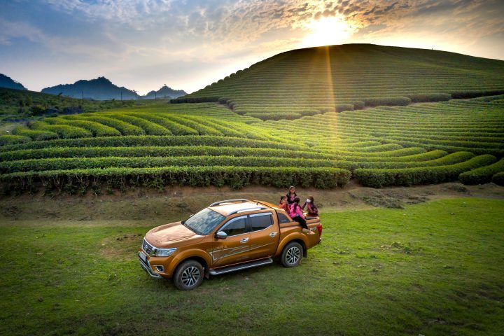Orange pick up truck parked near green plantations in the mountains